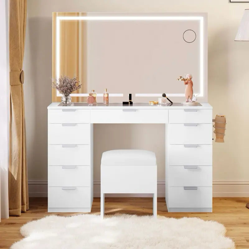 Vanity Set Led Lighted with Sliding Mirror Makeup Dressing Table 11 Drawer