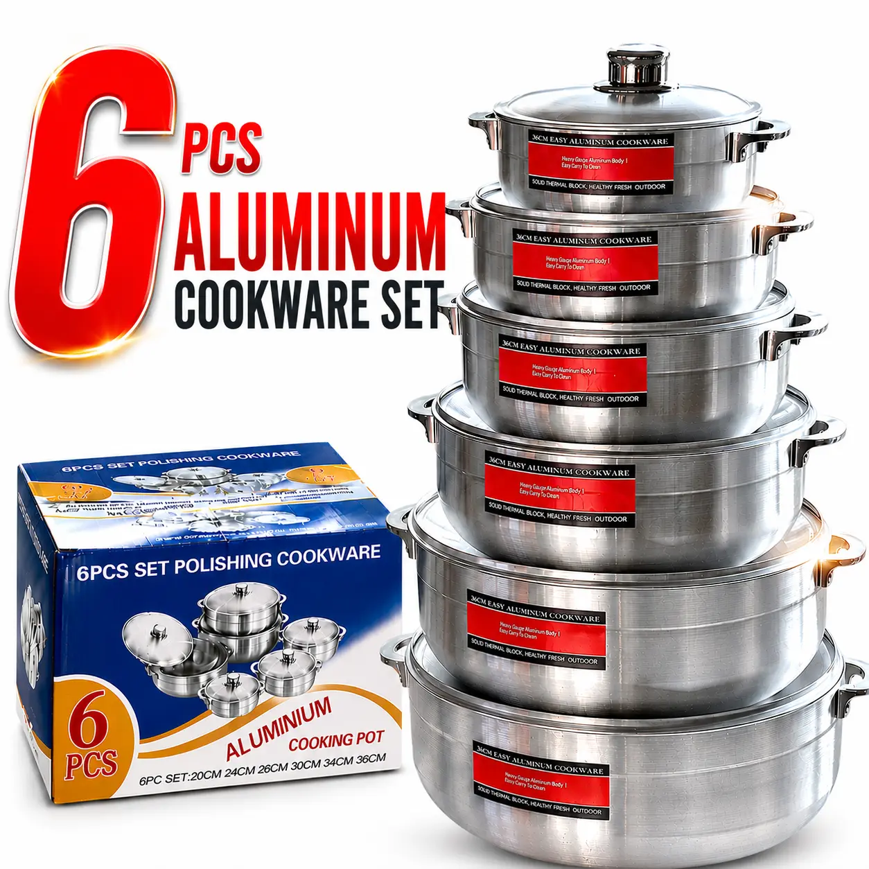 6 PCS Lightweight Aluminum Cookware Set, 20-36cm Silver Pots with Side Handles & Matching Lids for Daily Cooking, Deep Cooking Pots for Kitchen Use (Version 2)