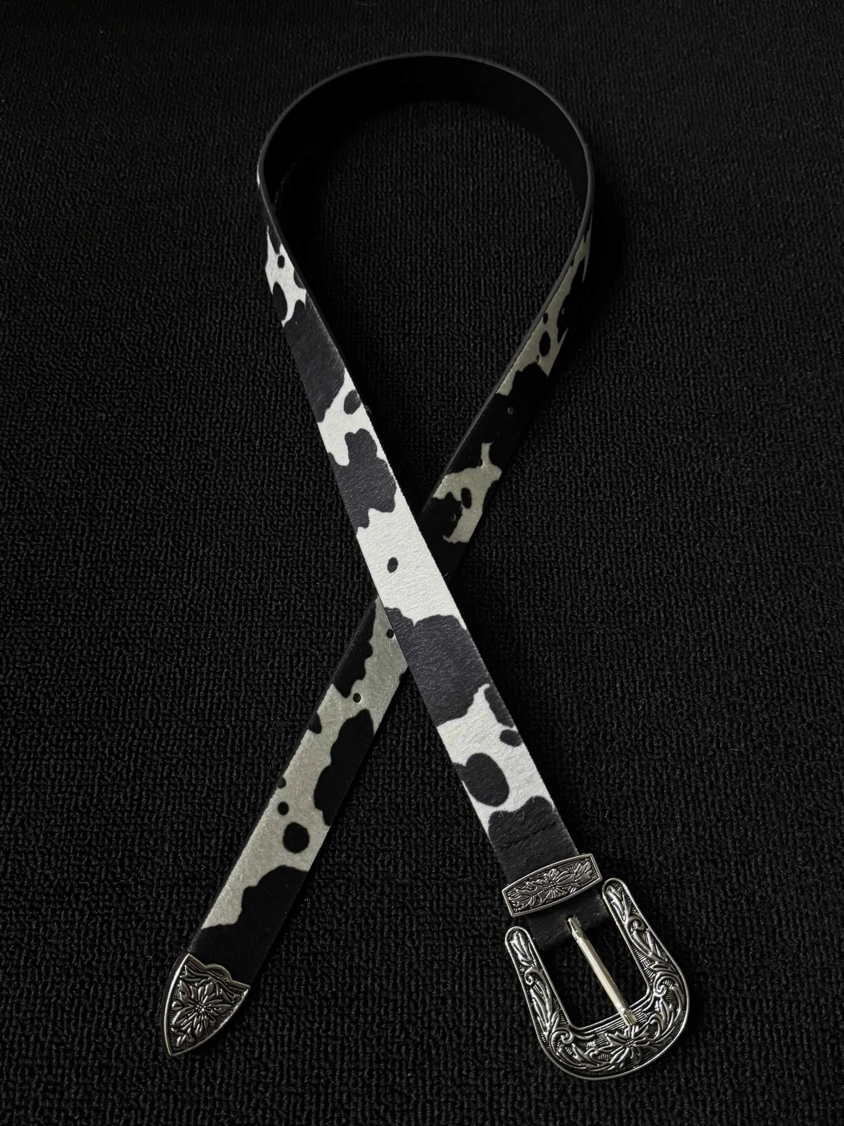 Colorblock Cow Print Belt Buckle, Carved Leather Design, Silver Metal, Casual Style, Trendy Belt, Casual Waist Belt, All Seasons, Commuter Daily Use