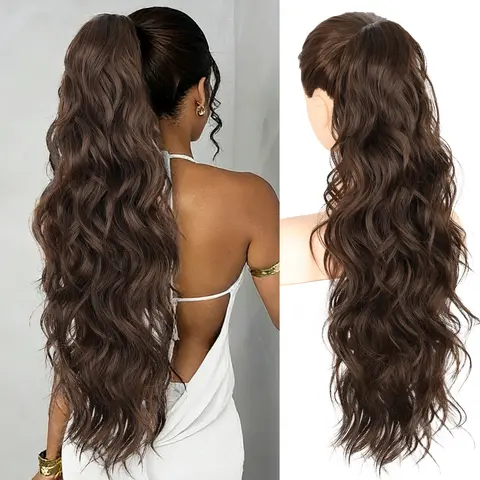 RONTAYA Wavy Claw Clip Ponytail Extension - 26-in Fluffy Natural Synthetic Hairpiece for Female, Serrated Grip, Soft Curl Arc, V-Shape Chic Look, Seamless Clip In, Effortless Ponytail Hairstyles Creation