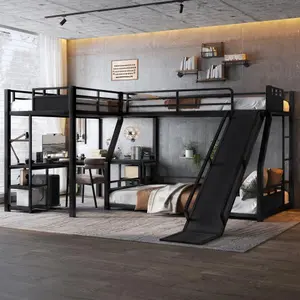 Bellemave L-Shaped Metal Frame Triple-Layered Bunk Bed - Modern Twin/Full Mix Bed Frame with Loftbed, Slide, Desk, Storage Rack, USB Charging Port, Black Indoor Bedroom Furniture