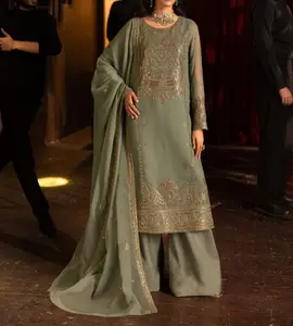 Asim Jofa Embroidered Sage Green 3-Piece Chiffon Suit – Premium Formal Wear