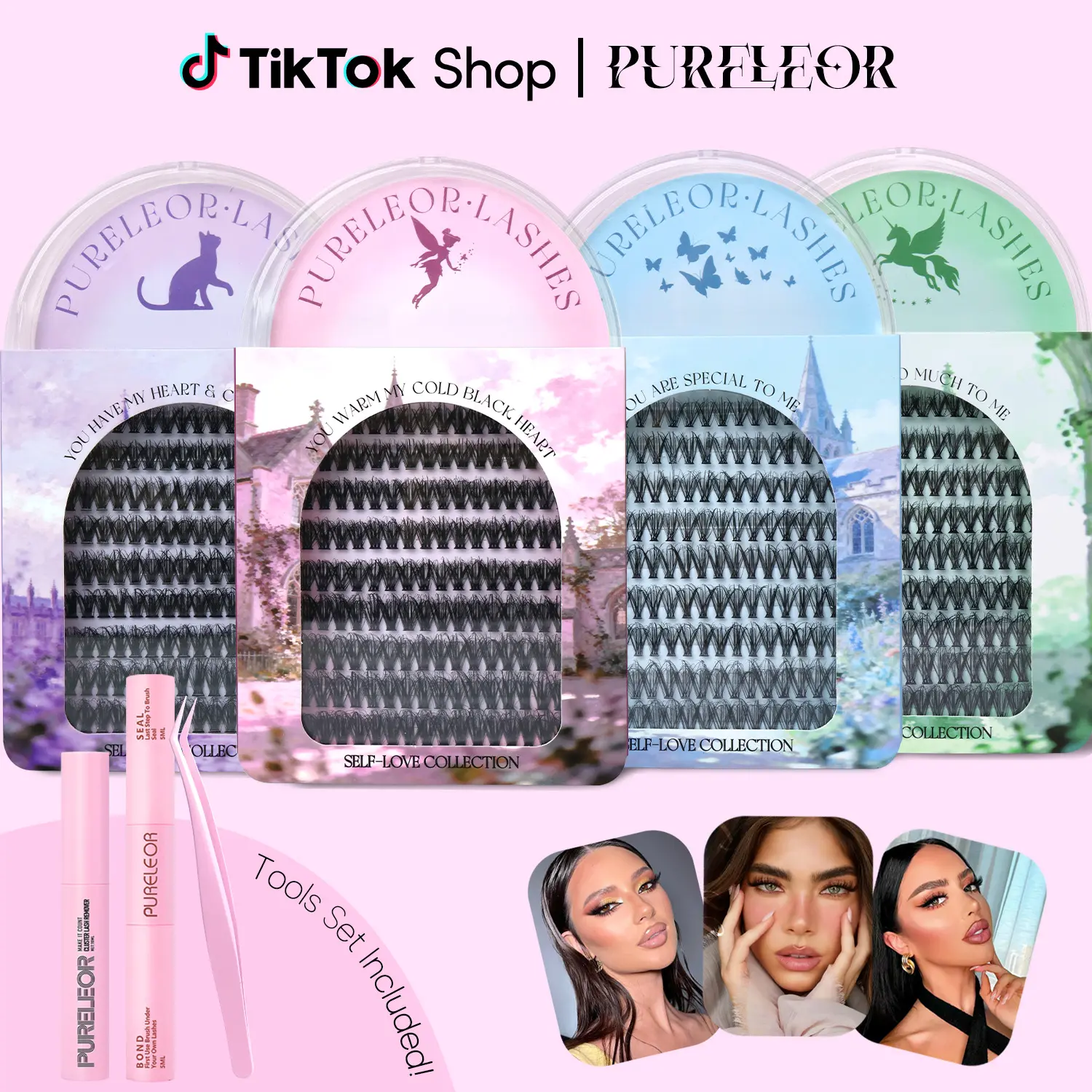 PURELEOR Cluster Lashes 4 Mixed Styles for Fluffy-Eyes Individual Eyelashes Extensions Kit Doll Cateye Natural Thick Lash Look