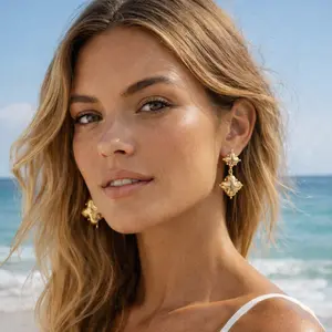 Gold Plated Puffy Vintage Overlay Clover Dangle Earrings with Mini Pearls & Gold Balls Hypoallergenic Post Back 2" Long