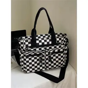 Checkered pattern corduroy large capacity multi pocket mommy bag with simple design, portable crossbody bag for work and daily use, tote bag