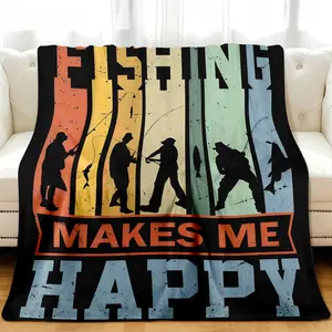 Flannel Fishing Enthusiast Blanket – FISHING MAKES ME HAPPY Design, Oversized Soft Throw for Outdoor Travel & Camping, Tear-Resistant, All-Season Comfort, Perfect Gift for Fishermen