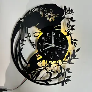 Vintage Japanese Geisha Vinyl Record Wall Clock, Lighted Wall Clock, LED Seven Colors Glow, Silent Design, Clocks For Living Room, Ideal for Bedroom Living Room Office, Perfect Gift