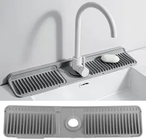 24" Silicone Faucet Mat for Kitchen Sink, 6° Slope Water Draining Mat, Kitchen Sink Splash Guard, Silicone Sink Protector for Kitchen Sink Bathroom Sink with Fasten Button, Grey