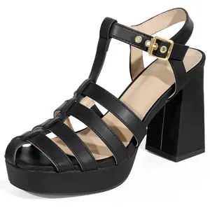 BLISSFUL STEP Women's Gladiator Platform Square Toe T-Strap Chunky Heel Fisherman Sandals
