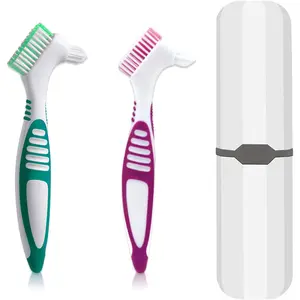 Denture Brush, 2 Pcs False Teeth Toothbrush with White Carrying Case, Multi-Tiered Bristles with Comfort Grip Handle for Effective Denture Cleaning