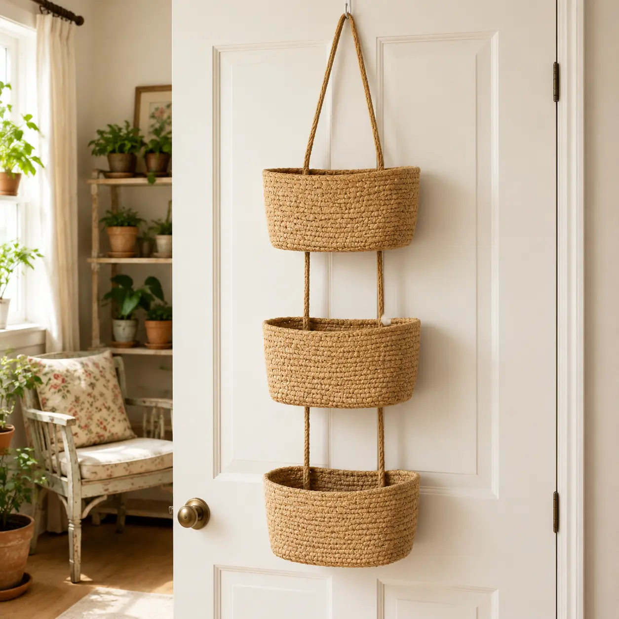 Woven cotton 3-Tier Over the Door Basket, Wall-Mounted Jute Bathroom Storage Organizer – Decorative Nursery Baskets, Perfect for Busy Mom/Dad to Store Diapers & Toys small basket Gift Hook laundry basket house organizers