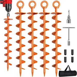 Ground Anchor Screw in, 4 Pack Spiral Trampoline Anchors with Nut and Tool Swing Set Anchors Tent Stakes High Wind Heavy Duty for Sheds, Carports, Mobile  Orange