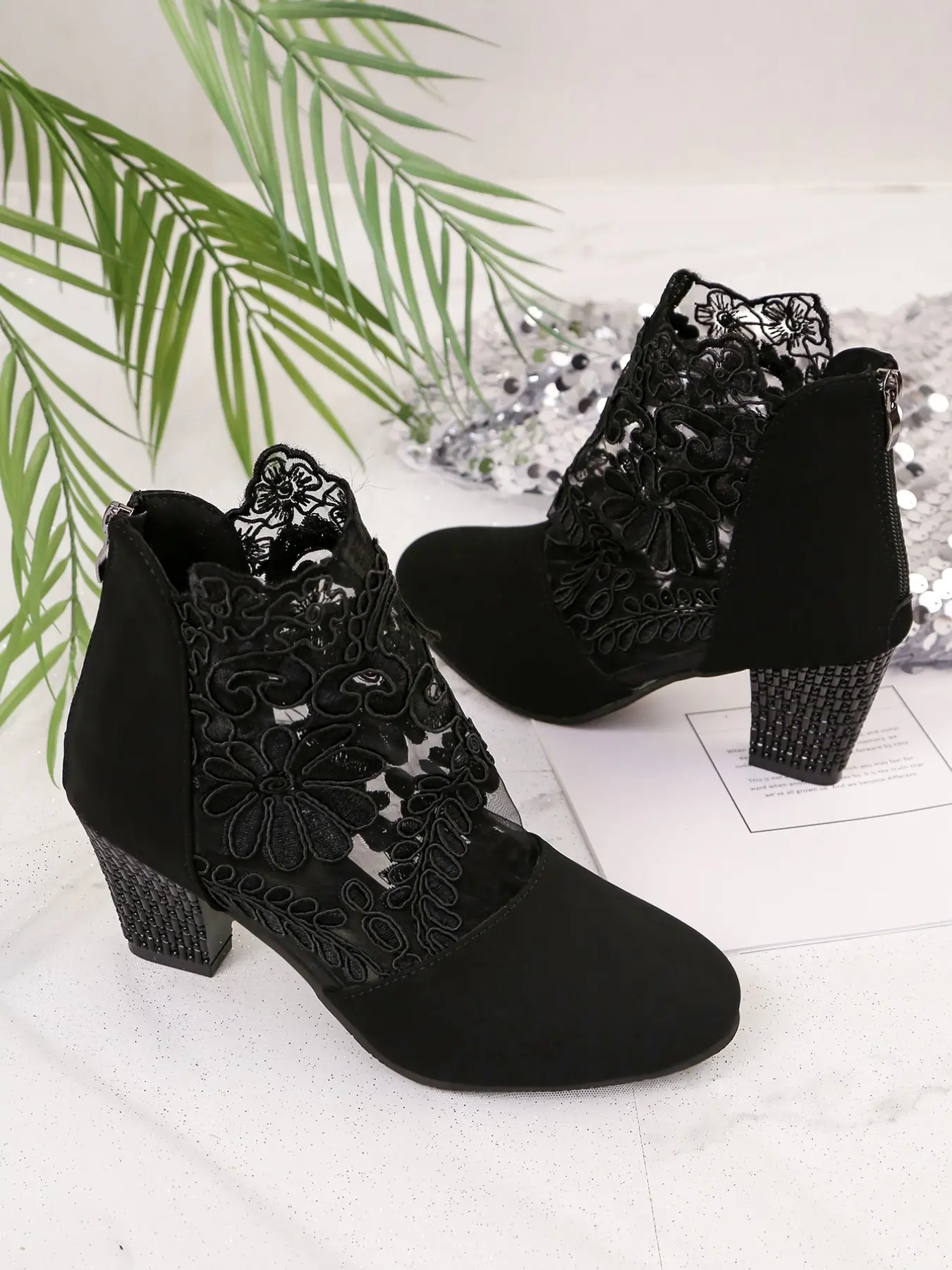 Vintage Lace Embroidery Short Boots, Trendy Boots, Women Rhinestone Embroidered Boots Chunky Heel Pointed Toe Booties, Party High Heels, Fashion Sandals