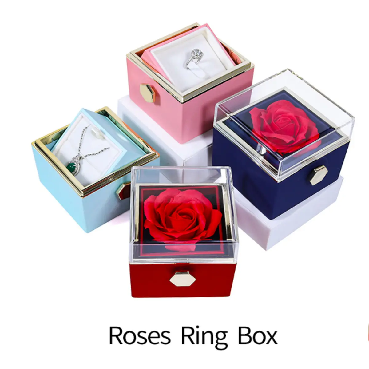 Elegant Rotating Rose Gift Box with a Preserved Flower and High-Quality Polyester and Glass Materials