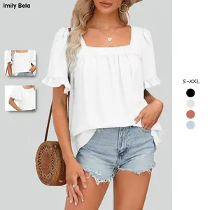 Imily Bela Womens Summer Peplum Tops Sqaure Neck Ruffle Sleeve Blouses Fit Flowy Shirts S-2XL