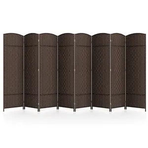 COSTWAY - 8-Panel Folding Room Divider with Hand-Woven Texture and Solid Wood Frame-Bown