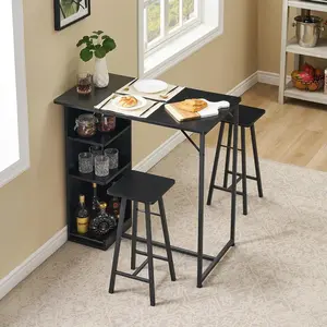 3-Piece Bar Table and Chairs Set, Space-Saving Dining Table with Storage Shelves, Square Bar Table with 2 Bar Stools for Kitchen Breakfast, Living Room, Party Room Black