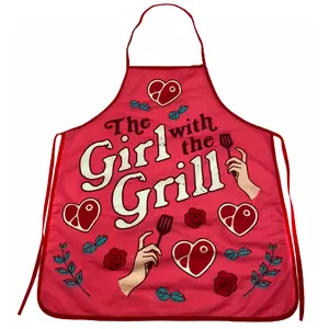 The Girl With The Grill Apron Funny Backyard BBQ Grilling Kitchen Smock Funny Aprons Adjustable Household Items Graphic Print Funny Food Cover Grilling Apparel for Men Red