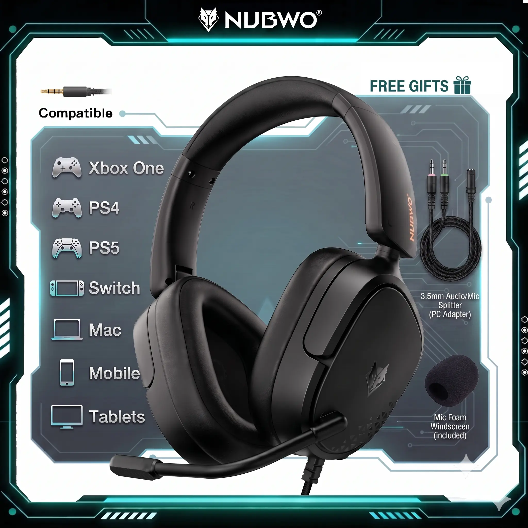 【Back To School】NUBWO HG04L Lightweight Gaming Headset with Clear Mic — 3.5mm Wired Headset,250g,for PS5/PS4, Xbox, Switch, PC，Summer
