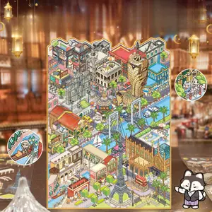 4 sheets 3D miniature large size landscape stickers Urban scene building pattern theme Vintage style PET waterproof material Self adhesive DIY journal decoration scrapbook material stickers