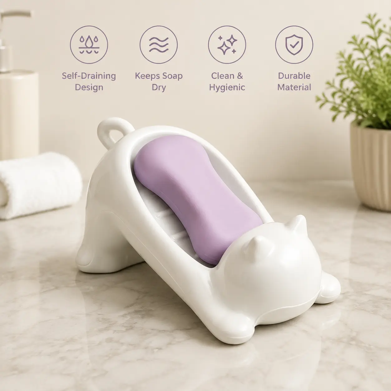1 Piece, Cat Shaped Ceramic Soap Dish, Hollow Drain Design Smooth Surface for Bathroom Countertop Storage