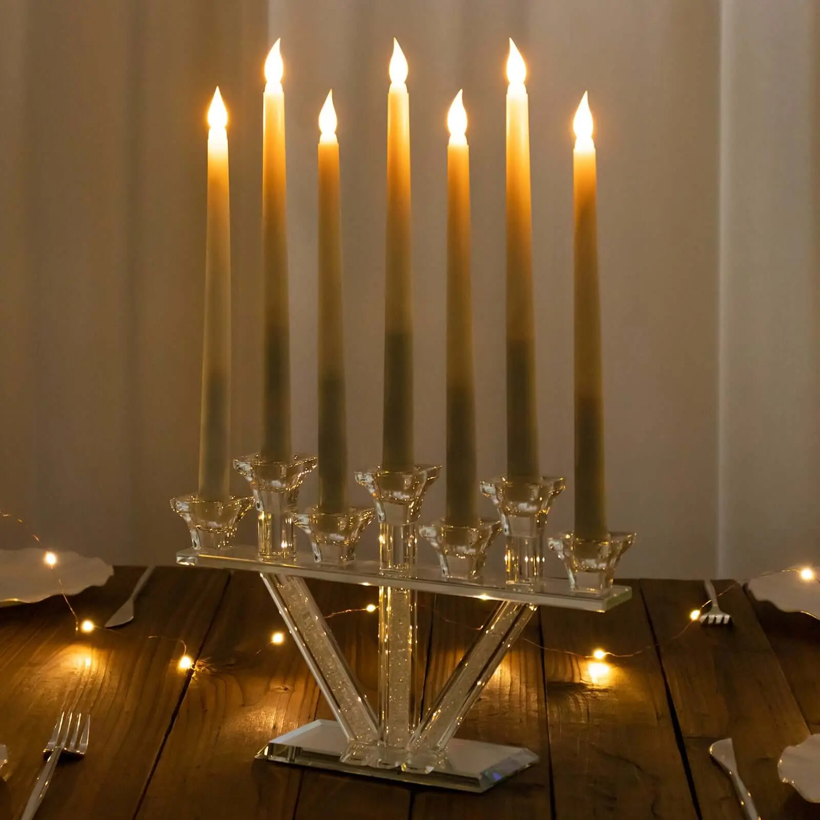 Crystal Glass Candelabra With Crystal Filler 12" - 7-Branch Taper Candle Stick Holder Stand Table Centerpiece With Mirror Base