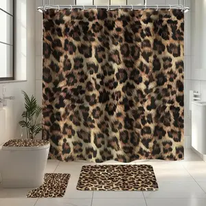 1/4 pcs leopard print shower curtain set, non-slip floor mat, U-shaped carpet, toilet lid cover, perfect for bathroom decoration, partition, beautify the space, free 12 shower curtain hooks, Bathroom Decoration Accessories