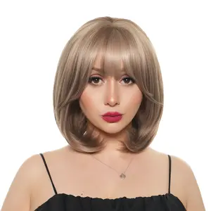 New 'DOLLY' 11-inch Light Chestnut & Blonde Dimensional Blend (Blonde Highlights, Light Chestnut Brown Lowlights) Straight w/ Stylable Flicked/Tucked Ends & Soft Face-framing Layers Synthetic Wig | 【Heat Resistant】【Cap Included】 | 62FSGB