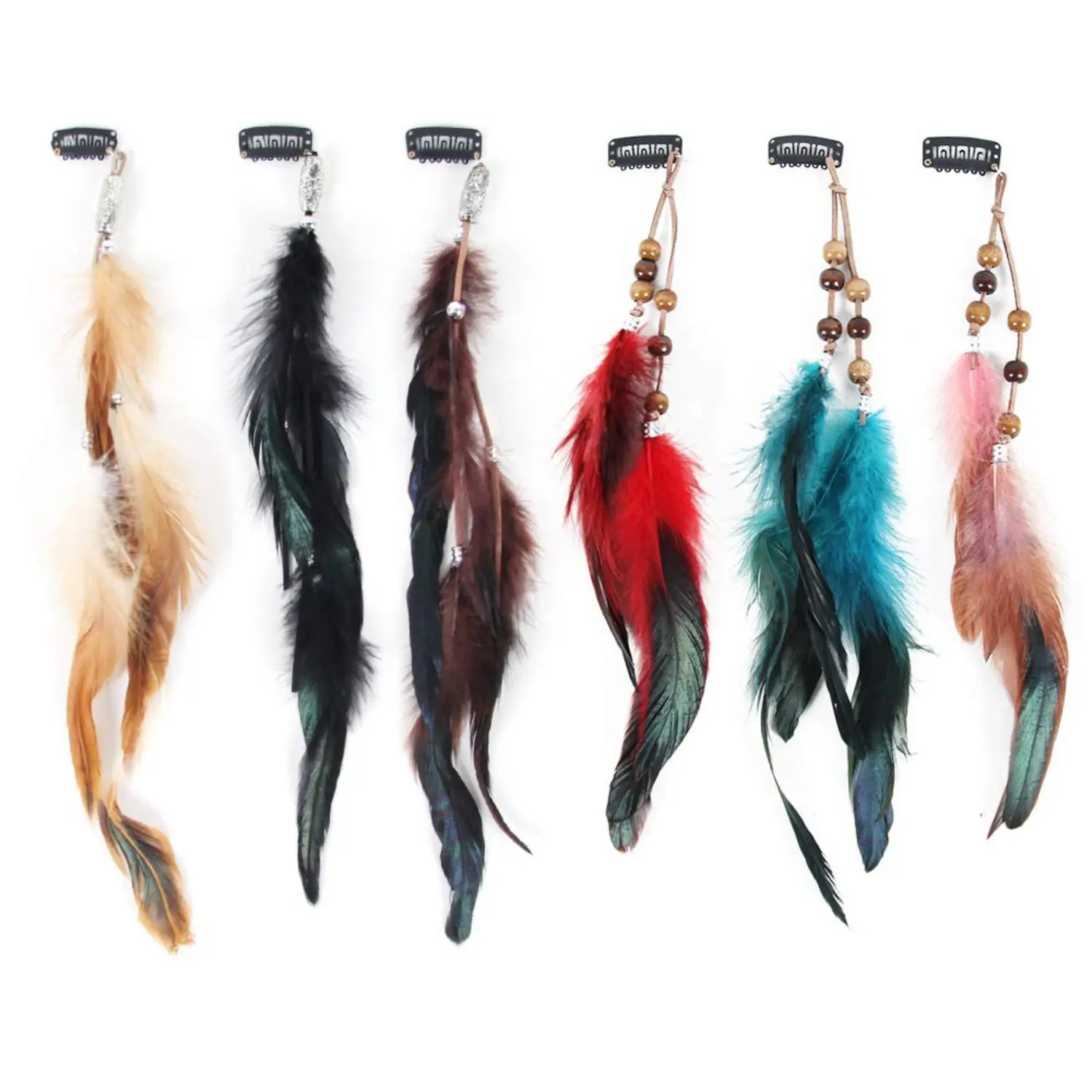 6 PCS 30cm-35cm Ethnic Style Handmade Feather Hair Clip Extensions with Braided Beads & Leather Ropes, Goddess Hairpins, Comb Clip Hairclips for Indian Festival Party, Fashion Hair Accessories, Boho Hair Accessories, Diy Decorations, Headdress Diy