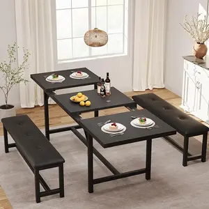Dining Table Set for 4-6, 63" Extendable Dining Room Table Set With 2 Upholstered Benches, 3 Piece Large Rectangle Kitchen Table Set With Metal Frame for Apartment, Saving Space