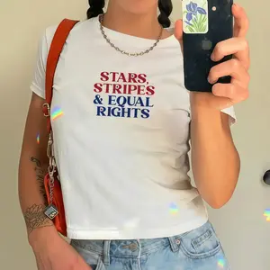 Stars Stripes And Human Rights Tee, Retro 4th Of July Baby T-shirt, Liberal Feminist American Shirt, Patriotic Women Gift, Y2K USA tshirts Cotton Menswear Crew Neck Graphic Top Womenswear Streetwear Tshirt
