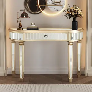 Gold Mirrored Console Table, 47" Half-Moon Sofa Table with with Fluted Glass & Crystal Knob Drawer, Modern Luxury Entryway Vanity Desk Mirrored Furniture with Sturdy Wooden Frame for Bedroom Makeup Dresser