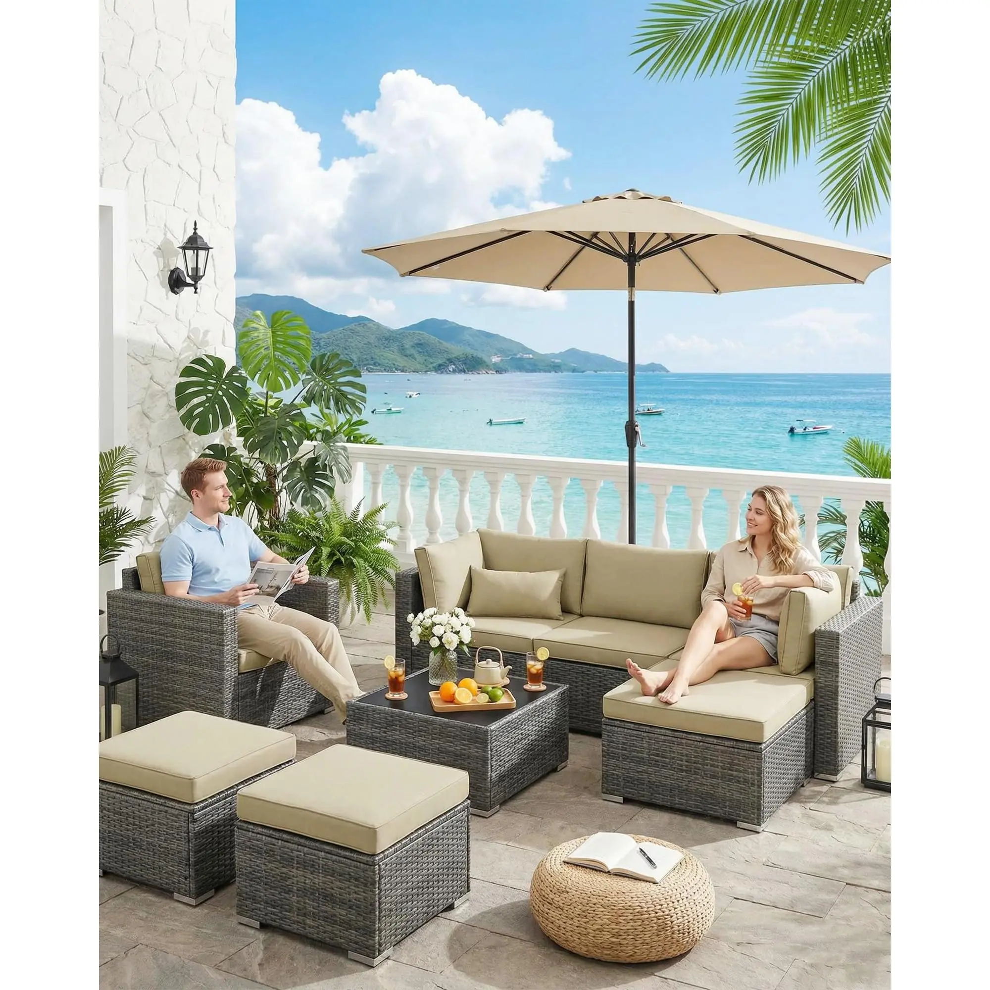 Garden Backyard 9FT Outdoor Patio Umbrella, Market Table Umbrella with 8 Sturdy Ribs, Push Button Tilt and Crank Adjustment for Deck & Poolside