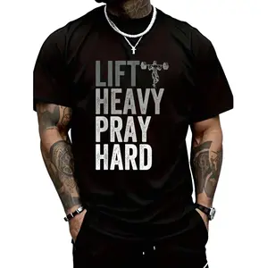 Lift Heavy Pray Hard 100% Cotton Christian Faith Gym Jesus T-Shirt For Men Casual Style Tee Casual Loose Fit Round Neck Tropical