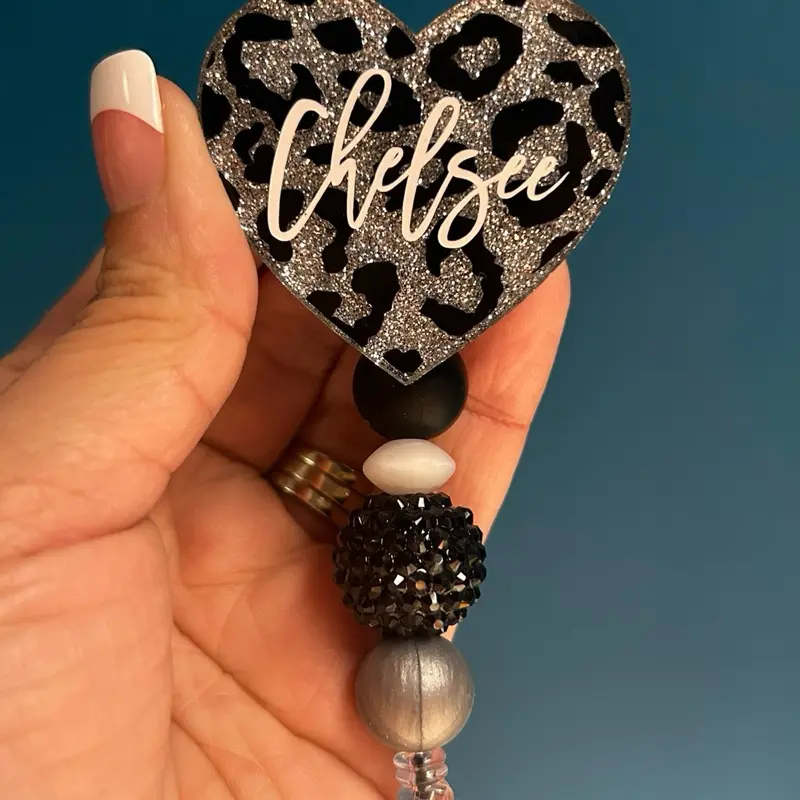 YOUR  NAME - MUST ADD YOUR NAME AT CHECKOUT! Heart Badge Reel - Personalized with Your Name, 2” Diameter, Metal Alligator Clip, 360 Degree Rotation, Hand-Glazed Acrylic Design id