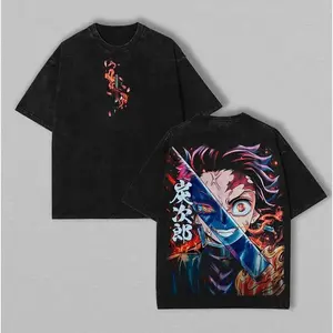 Kamado Tanjiro Akaza Upper moon rank 3 infinity castle Demon Slayer Kimetsu No Yaiba Anime Double Printed Acid Washed  T-Shirt Tops graphic tee