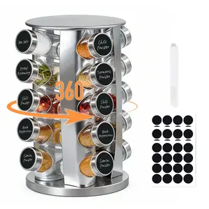 20 Jars Rotating Spice Rack Organizer Seasoning Container for Cabinet Kitchen Spice Racks Countertop Revolving Stainless Steel Compact Design with Pen and  Label Paper