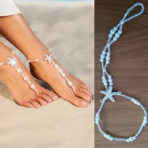 Beach Starfish Barefoot Sandals Pearl Bead Foot Chain Crystal Ankle Bracelet for Women Girls Body Jewelry