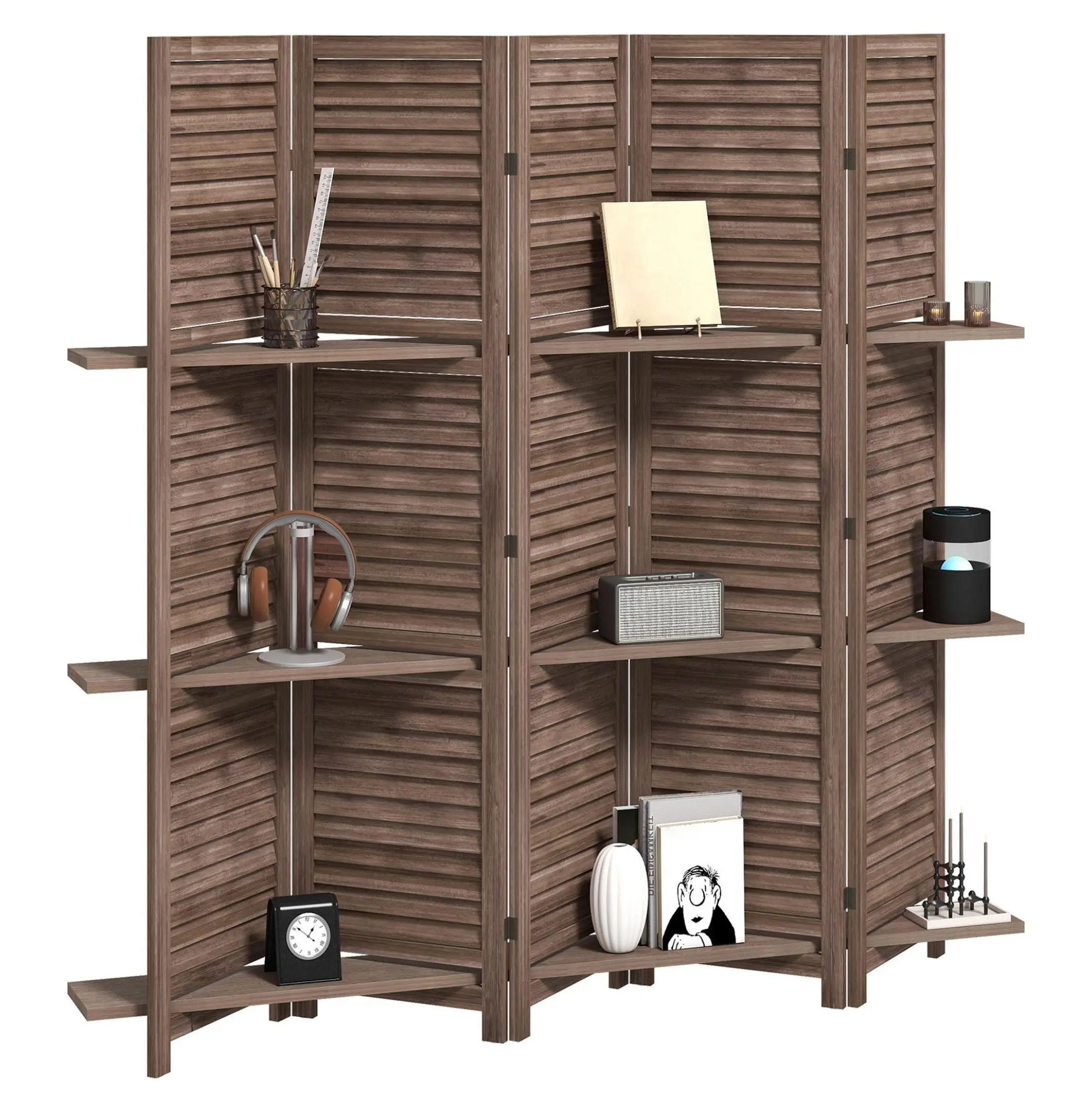 Wood Room Divider 67", 5 Panel Privacy Screen with Shelves, Folding Wooden Room Partition for Home Office, Walnut Finish Default Title
