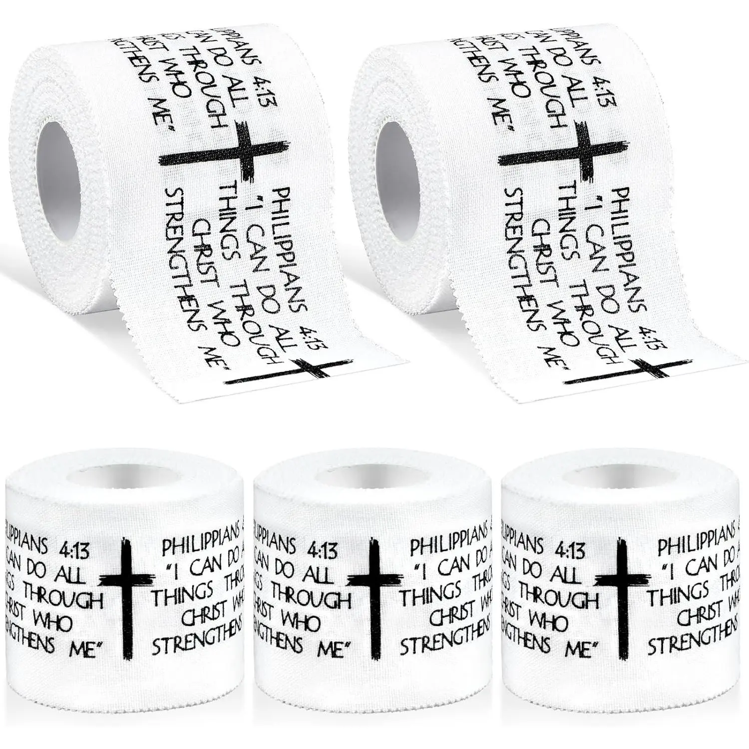Faith Cotton Athletic Tape with Cross & Bible Verses, 5-Roll Pack for Adults, Unisex Wrist & Ankle Support, Strong Zinc Adhesion for Multi-Sports, 2 in x 23 ft, Spirituality, Rolls, Encouragement, Zinc Hold
