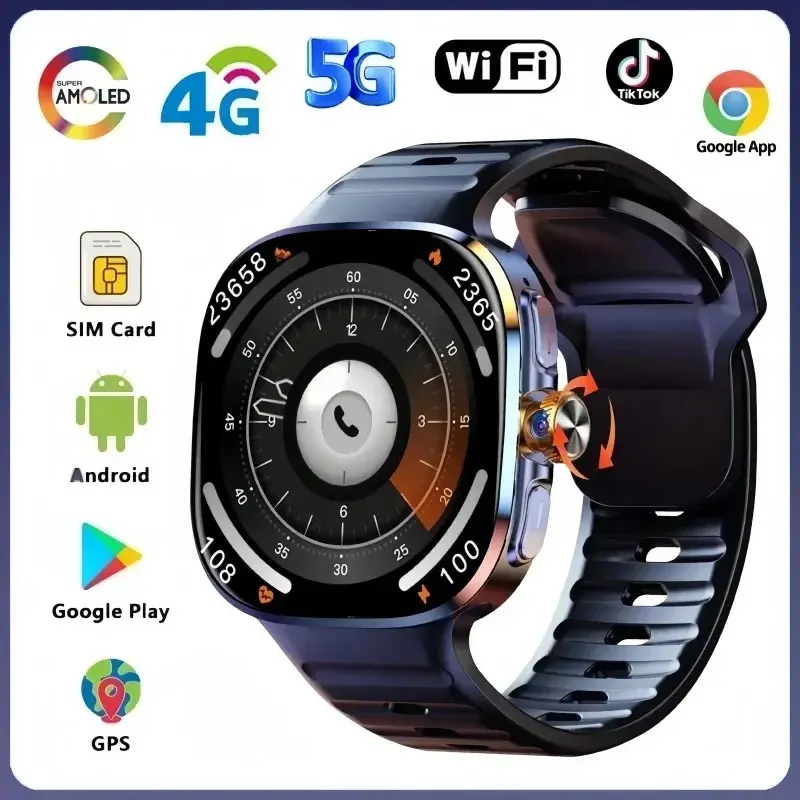 M99 4G/5G Cellular Smart Watch - 2.4in AMOLED Large Screen, Rotatable Camera, SIM Card Slot, WiFi, GPS, Bluetooth, Memory, Waterproof Android Fitness Wearable with Charging Cable, Multi-Language (German, Portuguese, Japanese) for Men & Women