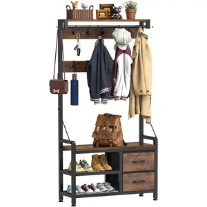 Hall Tree, 31.5” Entryway Bench with Coat Rack freestanding, 5 in 1 Intelligent Design Shoe Bench and Wall Rack 17 Hooks and Drawers (Rustic Brown)