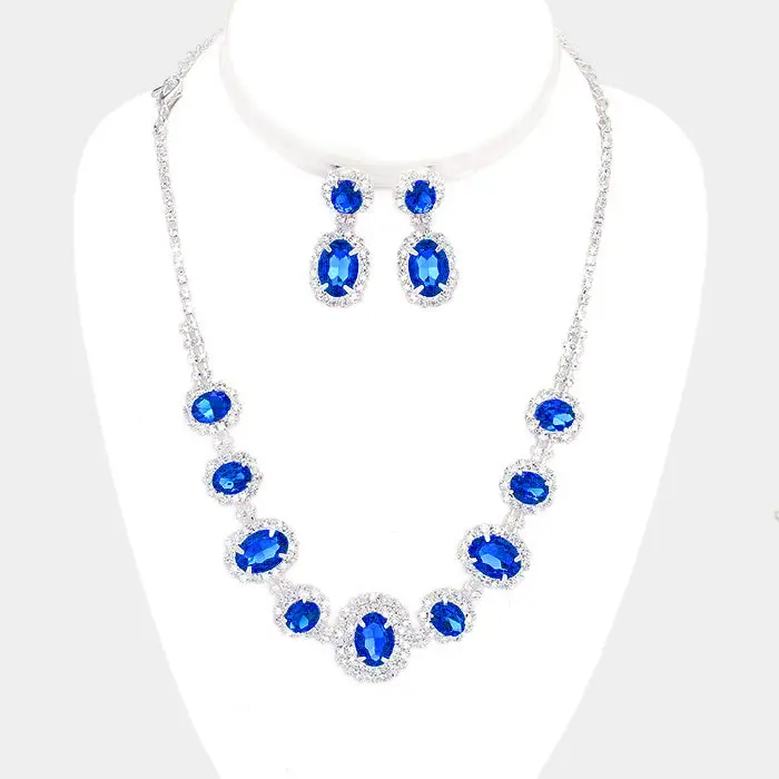 Pave Trim Blue Rhinestone Necklace and Earrings  | 345837