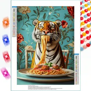 1pc 5D Round Diamond Painting | Tiger Eating Spaghetti Vibrant Floral, 30X40Cm/11.8X15.7In, Ideal For Beginners And Craft Enthusiasts, Perfect For Home Decor, Versatile Decoration, Great Gift For Birthdays, New Year, DIY Diamond Art
