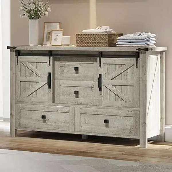 Amerlife 48" Farmhouse Dressers for Bedroom, Vintage Dresser Closet with Chest of 4 Drawers, Storage Cabinet with 2 Sliding Barn Doors, Organizer TV Stand Living Room