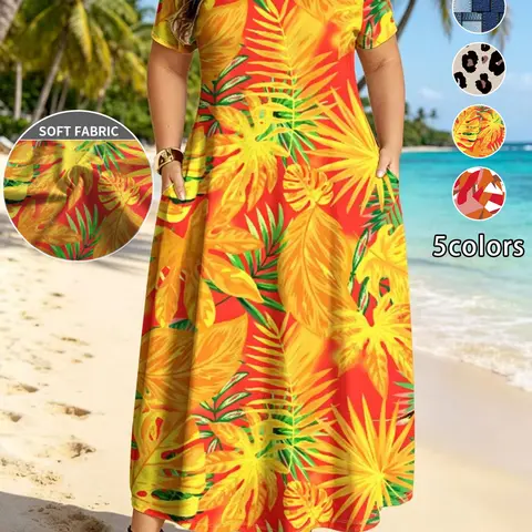 Plus Size Women's Summer Dress Print, 5 Colors Available, Dresses with Sleeves, Casual Round Neck Short Sleeve, Long Dress with Pockets, Daily Wear at Home, A Line Dresses