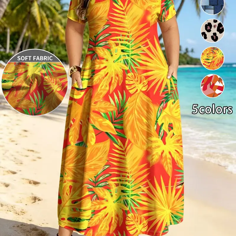 Plus Size Women's Summer Dress Print, 5 Colors Available, Dresses with Sleeves, Casual Round Neck Short Sleeve, Long Dress with Pockets, Daily Wear at Home, A Line Dresses