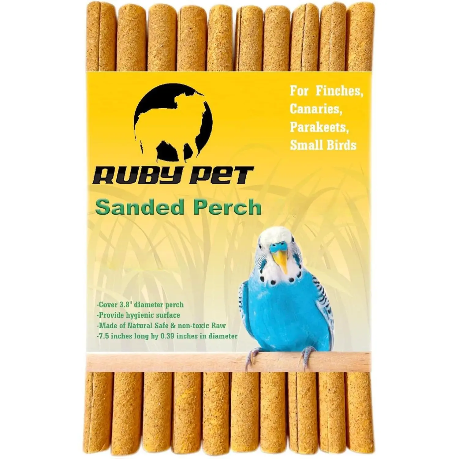 Sanded Perch Covers for Small Birds, 10 Pack, 3/8” x 7.5”. Helps keep nails and beaks naturally trimmed. Fits 3/8” perches. Easy to cut, replace and maintain for a cleaner bird cage.