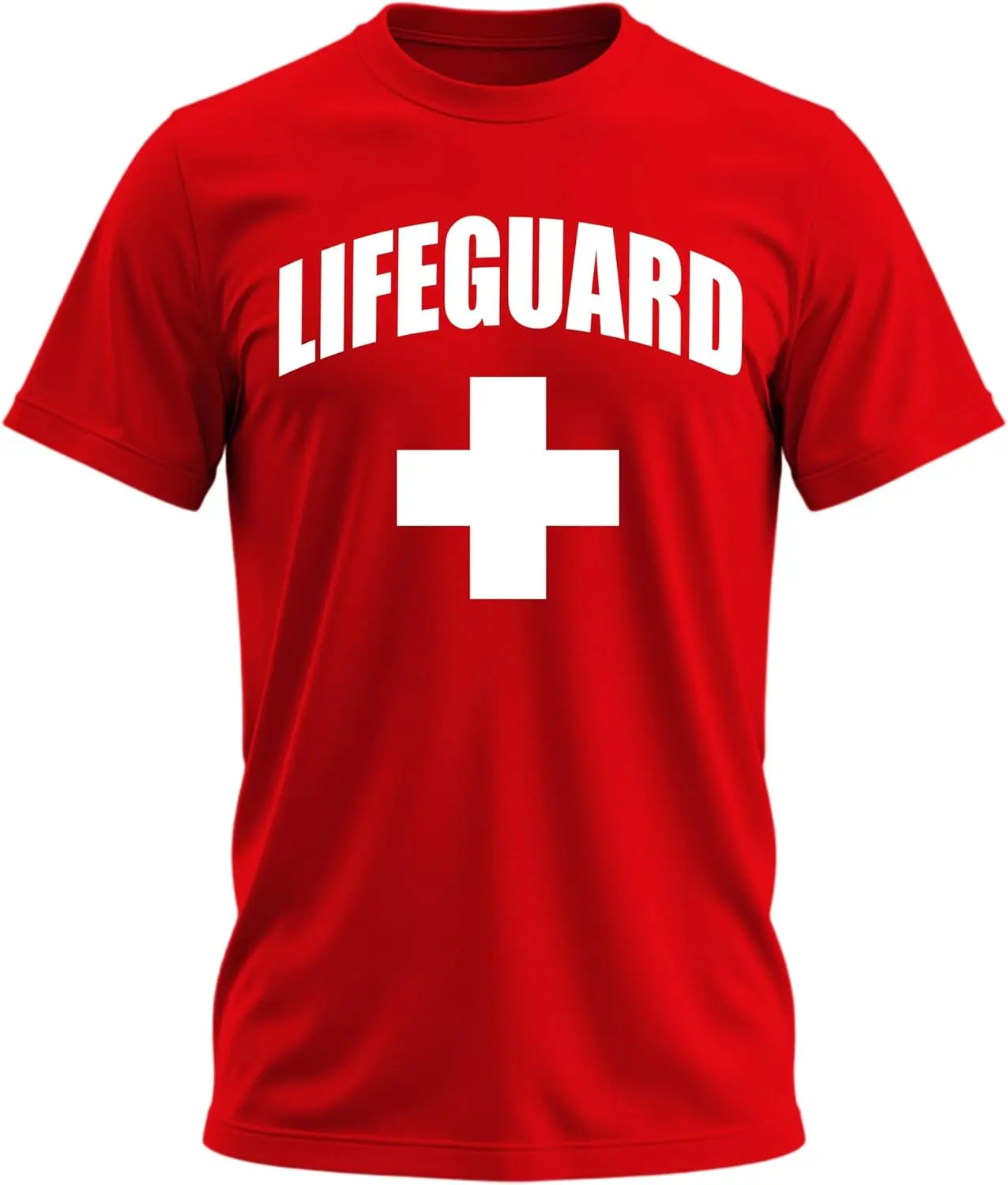 Women's Comfortable Shortsleeve Lifeguard Tee Top - Red & White Beach Design, Outdoor Workwear for Pools, Birthday Parties, Print
