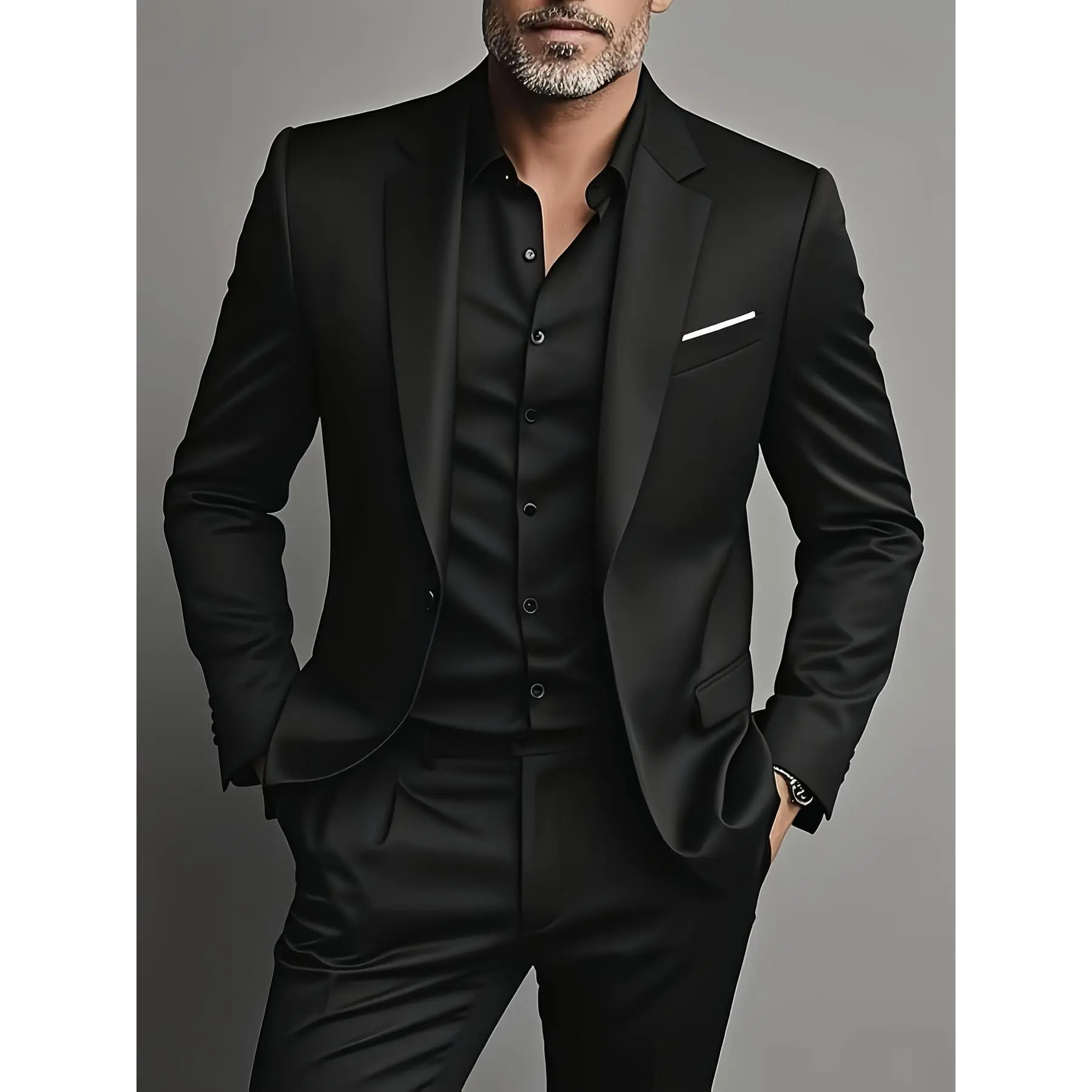 Men's 2-Part Fitted Formal Suit Set - Long Sleeve Polyester Jacket, Buttoned Trousers, Chic Long Sleeve Tops, High-Style Modern Fit Multi-Piece Set for Weddings, Prom